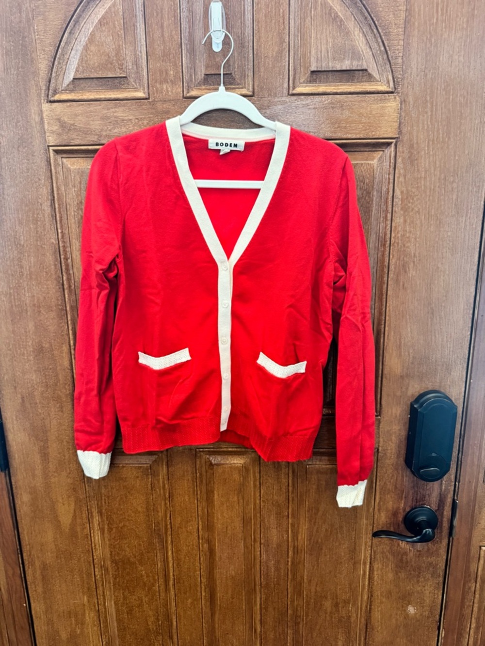Boden Red Cardigan with Cream Trim
